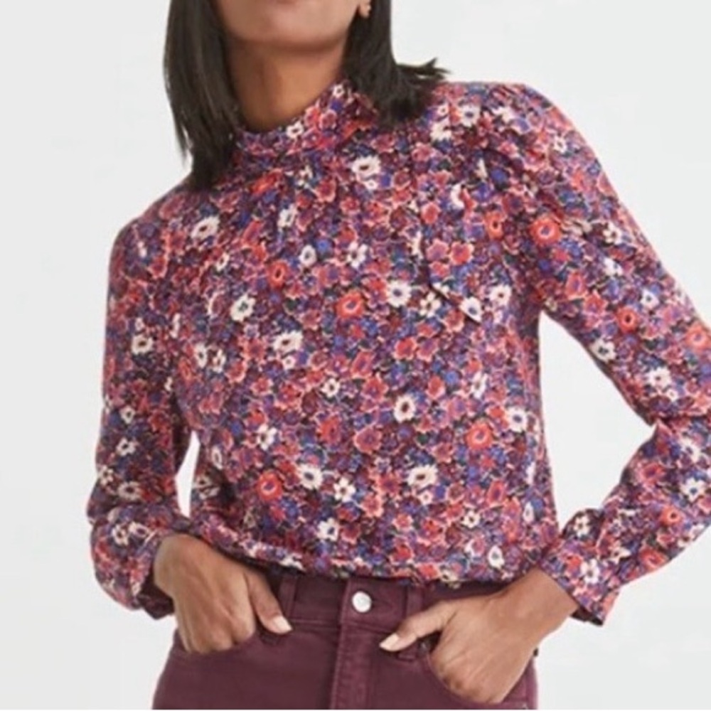 Veronica Beard Floral Mock-Neck Blouse in Purple Multi Silk Spandex Soft